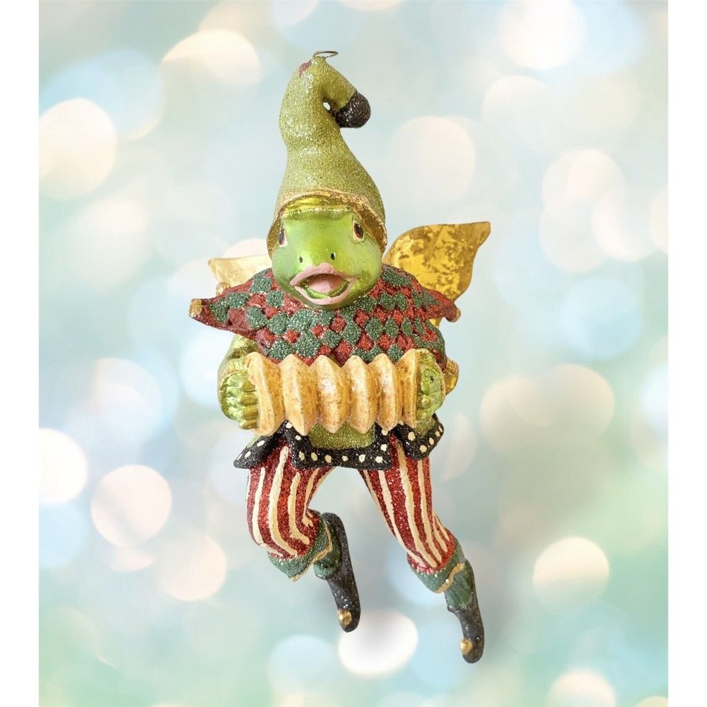 Anthropomorphic Jester Frog Playing Accordion Ornament,  Old World Style